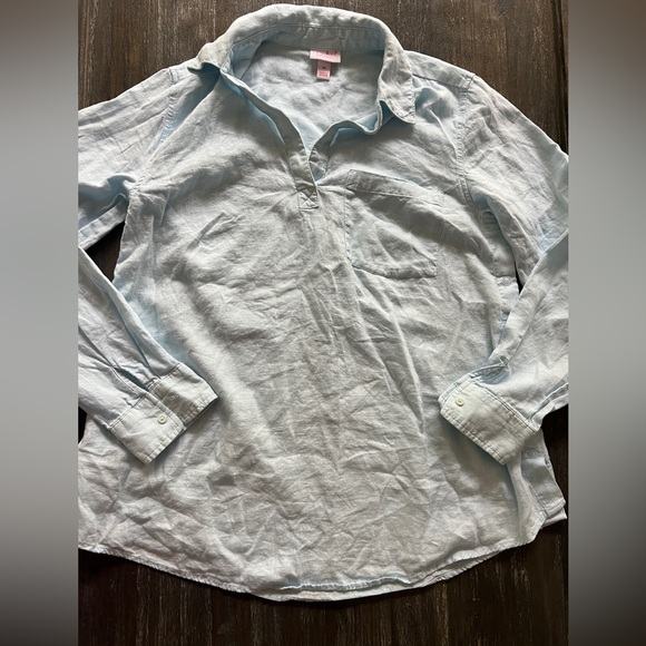 MATERNITY sky blue linen blouse snaps on the side szM - Picture 2 of 9